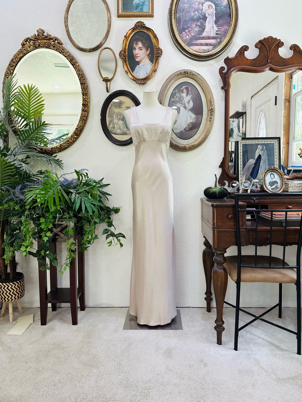 Zum Zum by Niki Livas Champagne Satin Maxi Dress with Beaded Bodice